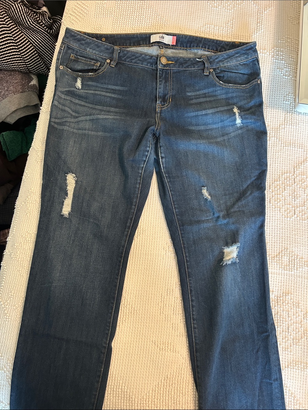 CAbi Straight-Leg Distressed Dark Blue Jeans